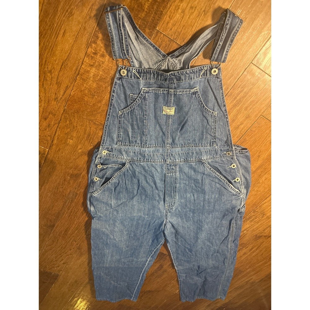 Vintage Y2K Old Navy Blue Jeans Denim Overalls Women's XL Cropped Leg Distressed